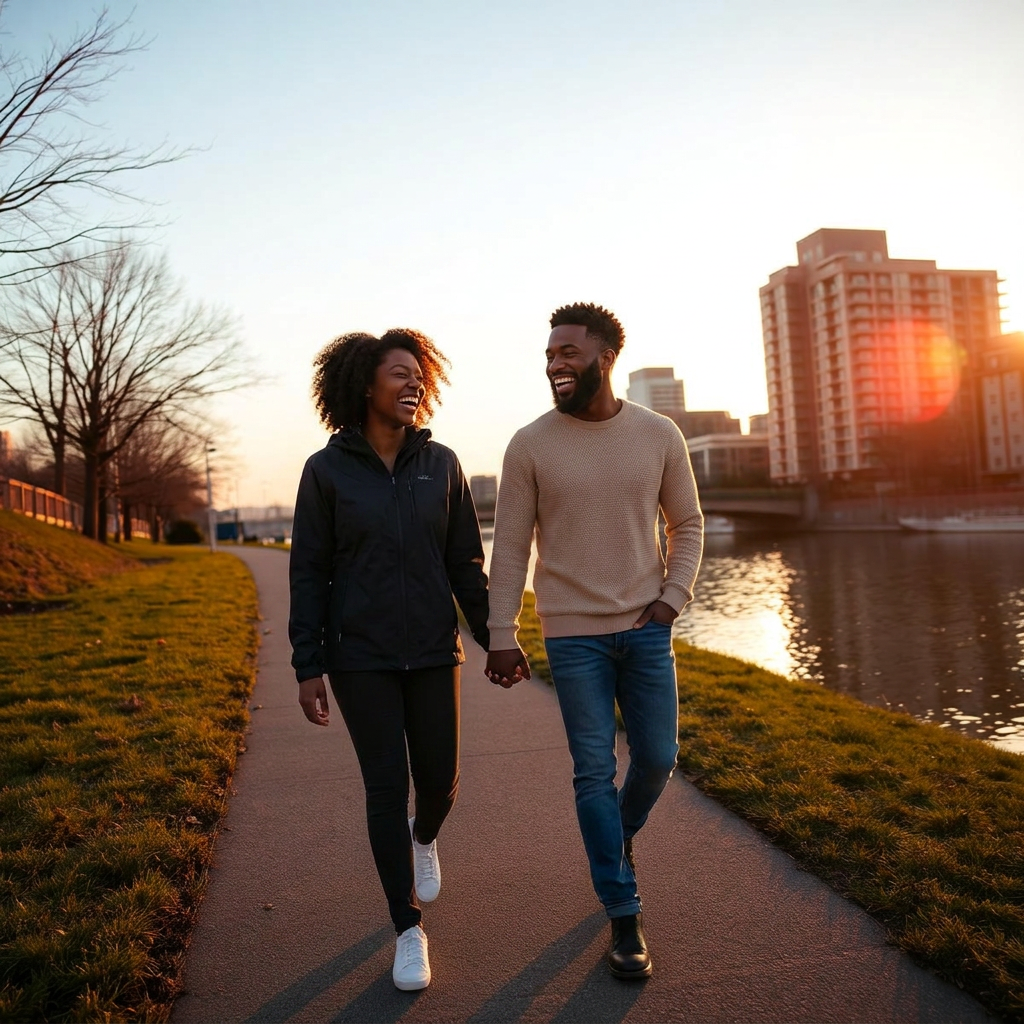 Couple walking and laughing together along a riverside city trail at sunset