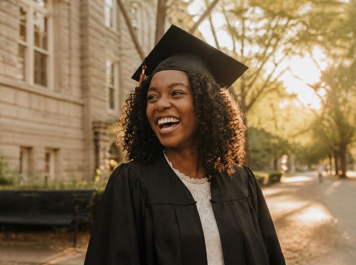 Graduate in cap and gown laughing on a tree-lined university campus walkway at golden hour
