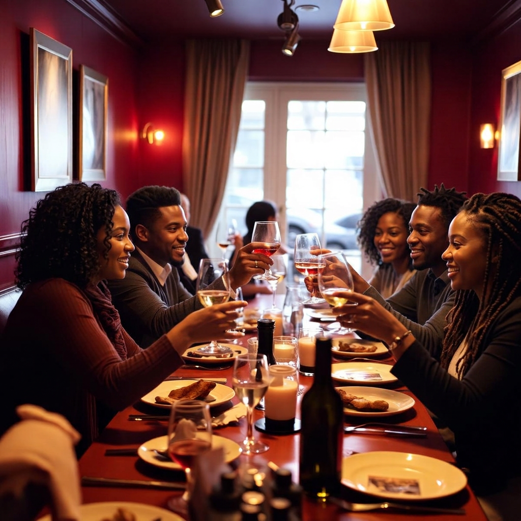 Friends raising glasses in a toast around a candlelit restaurant table